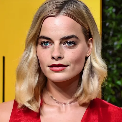 Image similar to a woman who is a genetic combination of margot robbie and emma watson face and upper - body focus