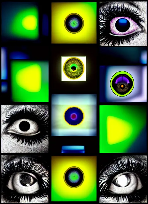 Image similar to grid montage of opticals with cube shaped iris, square shaped black dilated pupils cubes, cube shaped, detailed colored textures, lashes, advanced art, art styles mix, wet reflections in square eyecubes, sunshine light, hd macro photograph, from side, various cube eyelid positions