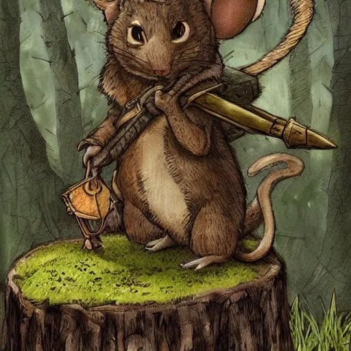 Prompt: Mouse Guard sits on a stump holding a sword, in deep forest, by rivuletpaper, rivuletpaper art, Mouse Guard by David Petersen, mouse photo, small details, realistic illustration, illustrations by Viktor Vasnetsov