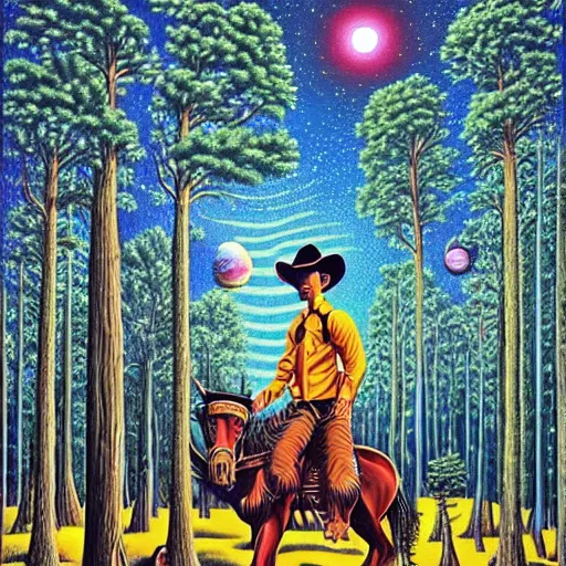 Prompt: psychedelic, trippy, cowboy, pine forest, velvet horse, planets, milky way, cartoon by rob gonsalves