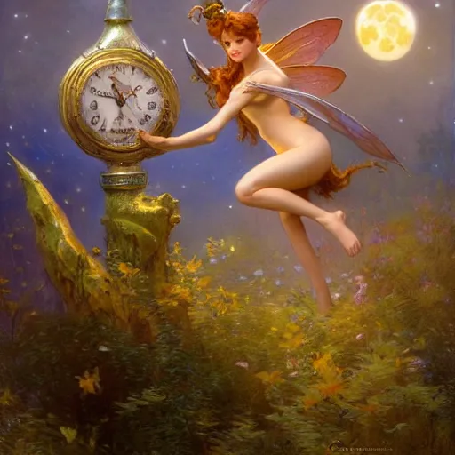 Image similar to attractive fairy magically floating high in the night, fantasy, full moon in background. highly detailed painting by gaston bussiere, craig mullins, j. c. leyendecker, mid shot, 8 k realistic, cryengine, frostbite 3 engine, sharp focus