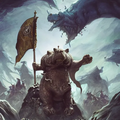 Image similar to Hippo, Anthropomorphized, as warlord general on skull throne, magic the gathering artwork, D&D, fantasy, cinematic lighting, centered, symmetrical, highly detailed, digital painting, artstation, concept art, smooth, sharp focus, illustration, volumetric lighting, epic Composition, 8k, art by Akihiko Yoshida and Greg Rutkowski and Craig Mullins, heroic pose, oil painting, cgsociety, Battlefield background, explosions, arrows