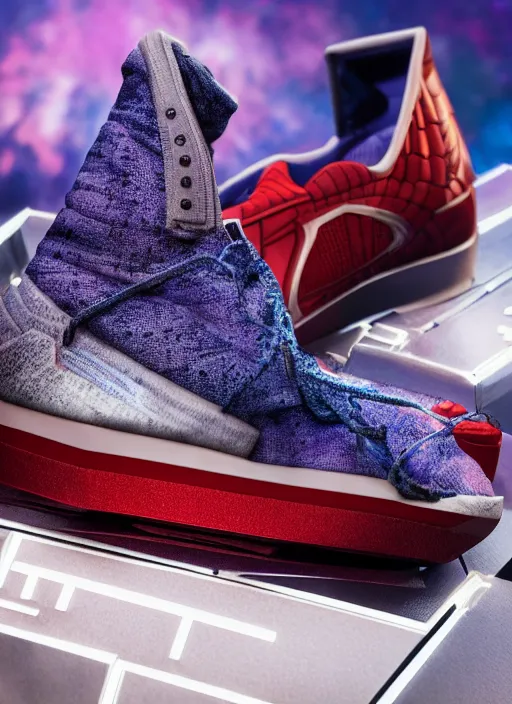 Image similar to hyperrealistic and heavy detailed product photo off white shoe of thanos ( marvel comics ), in front of white back drop, whole shoe is in picture, leica sl 2 5 0 mm, vivid color, high quality, high textured, real life