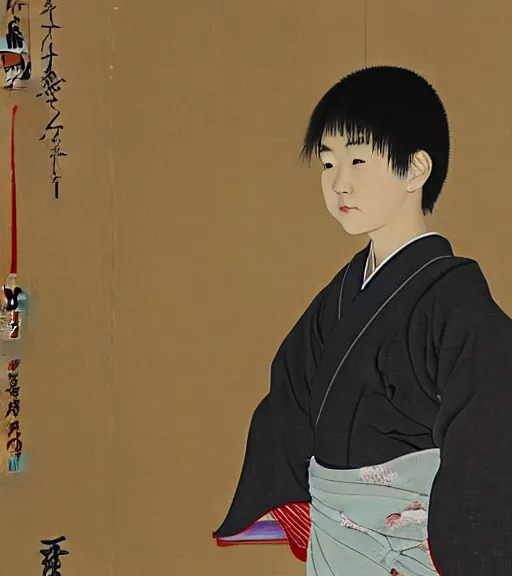 Image similar to Portrait of a Japanese Boy in an Edo Dojo, painting by Hung Liu and Yasutomo Oka