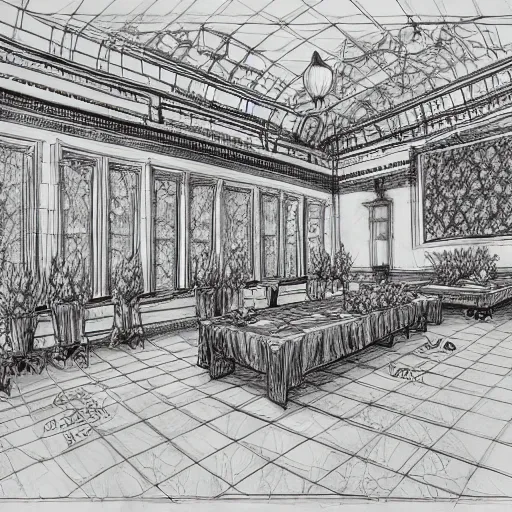 Prompt: annotated highly, detailed and intricate, sketch of a lodge room full of spring plants, marker concept art style rendering, concept art, half blueprint, trending on artstation, intricate details, center frame, annotations