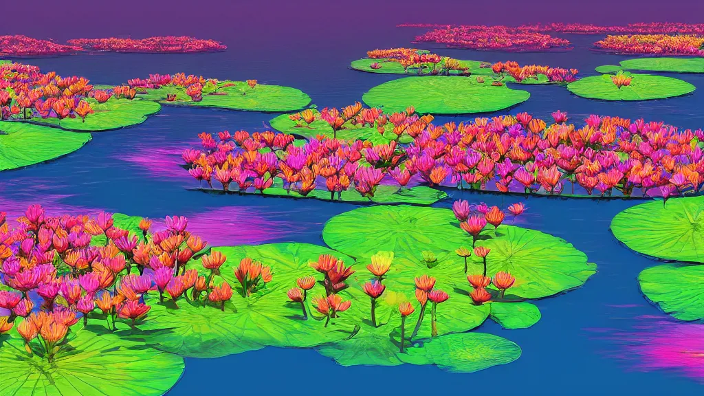 Prompt: digital illustration of a lake full of multi - colored megaflora water lily flowers by dr. seuss, reimagined by ilm and beeple : 1 | spectral color, electric color, rolling hills : 0. 9 | fantasy : 0. 9 | unreal engine, deviantart, artstation, hd, 8 k resolution : 0. 8