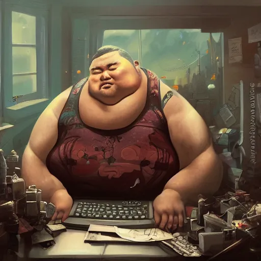 Image similar to a insanely detailed painting of a slightly overweight asian man wearing a homemade superhero costumed, sitting at a computer desk nervously typing on the keyboard, in the style of peter mohrbacher, dramatic lighting and composition, trending on artstation, concept art, comic book, graphic novel