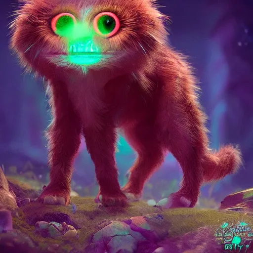 Prompt: bioluminescent cute furry beast on a dreamy biome of oddities, enchanted, magical, fantasy, hyper realism, intricate, digital art, detailed, studio shot, unreal engine 5, octane, high definition, smooth, artstation, behance