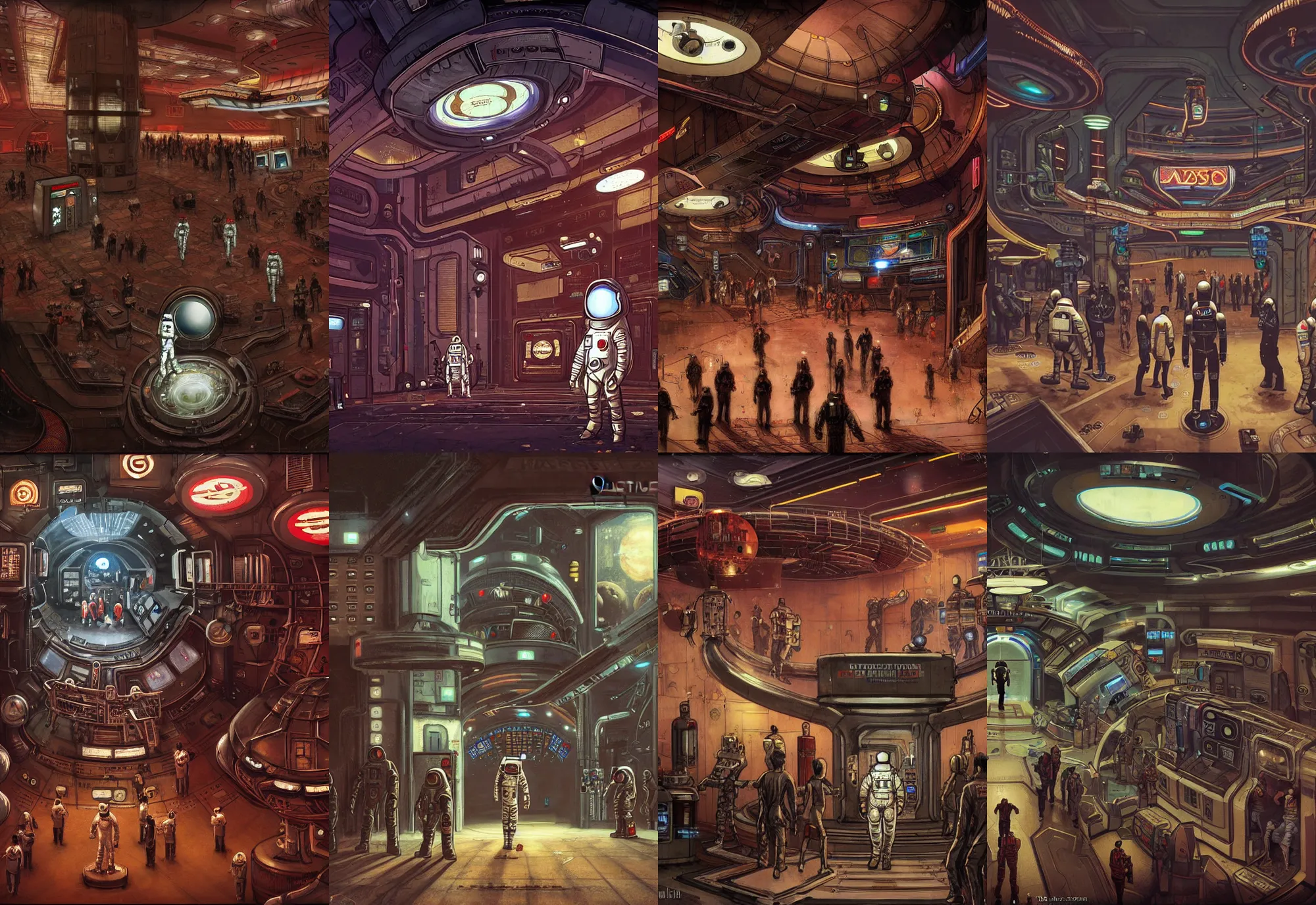 Prompt: an astronaut standing in the entrance to a bustling cyberpunk casino on mars, filled with people, robots, cyborgs, aliens, by enki bilal