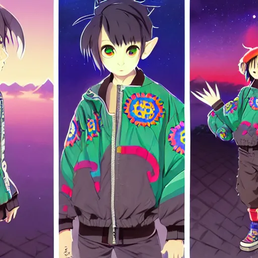 Image similar to majora majora's mask wearing oversized mayan bomber jacket with overalls, bulky poofy bomber jacket with mayan patterns, aztec street fashion, genshin impact art style, gapmoe yandere grimdark, trending on pixiv fanbox, painted by greg rutkowski makoto shinkai takashi takeuchi studio ghibli, akihiko yoshida