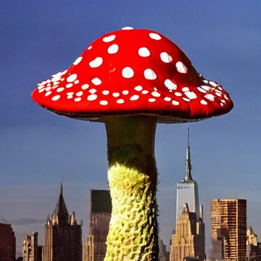 Image similar to a giant amanita muscaria in the mew York skyline, photorealistic