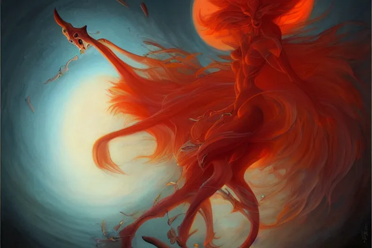 Image similar to prompt A beautiful red orange kumiho, nine fox tails, Peter Mohrbacher