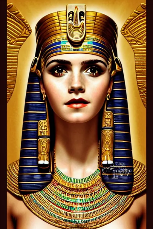 Image similar to Cleopatra portrait, Emma watson, intricate art deco leaf designs elegant highly detailed egyptian patterns hieroglyph sharp focus art by artgerm