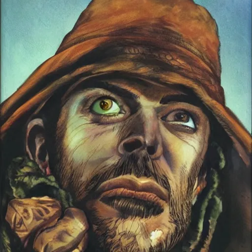 Prompt: beautiful portrait of a young bearded man, in the style of Enki Bilal and Joe Jusko and Alex Ross