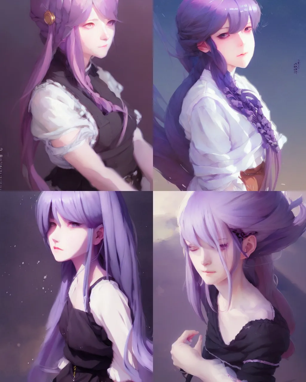 Prompt: a girl with lavender hair and black skirt, a beautiful portrait, illustration, top lighting, perfect shadow, soft painting, leaning towards watercolor, art by hidari and krenz cushart and wenjun lin and lerapi