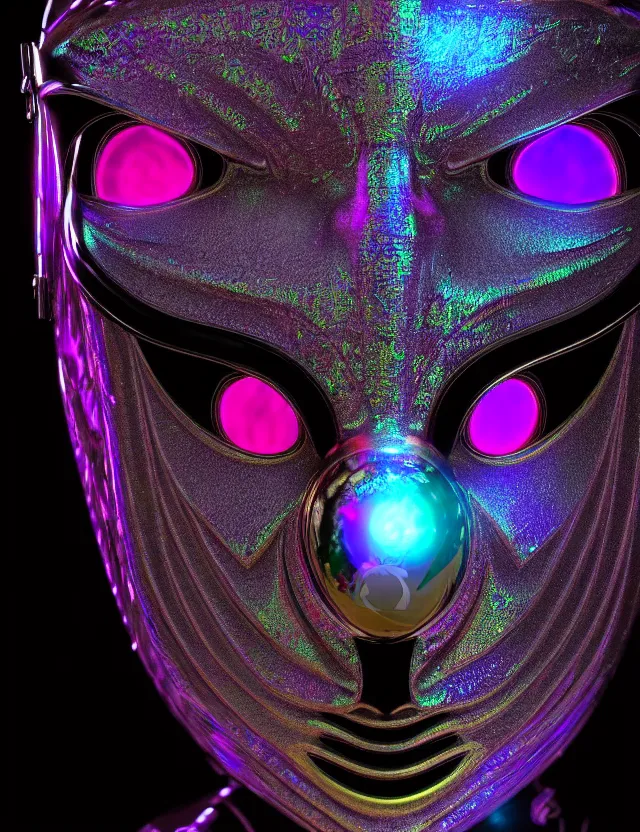 Image similar to highly detailed digital art rendering of a beautiful futuristic iridescent geisha mask with glowing eyes. black background. gritty textures. unreal engine, redshift, blender. psychedelic art. trending on artstation, behance.