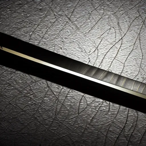 Image similar to Katana with its only water Blade entirety out of flowing water reflecting all light and its handle made out of steel with ancient patterns, Raytracing, white background with shadows, 40nm lens, full katana, zoomed out, high fov, full katana in vision, in vision,