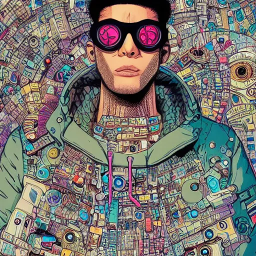 Prompt: hyper detailed comic illustration of a cyberpunk mixed race boy wearing a futuristic sunglasses and a gorpcore jacket, markings on his face, by Josan Gonzalez and Geof Darrow, intricate details, vibrant, solid background, low angle fish eye lens