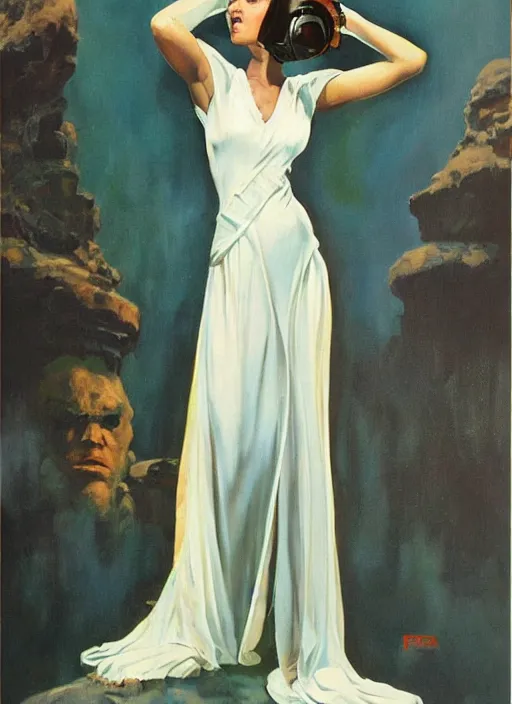 Image similar to oil painting of Princess Leia white ceremony gown by frank frazetta alluring pin up deviant art