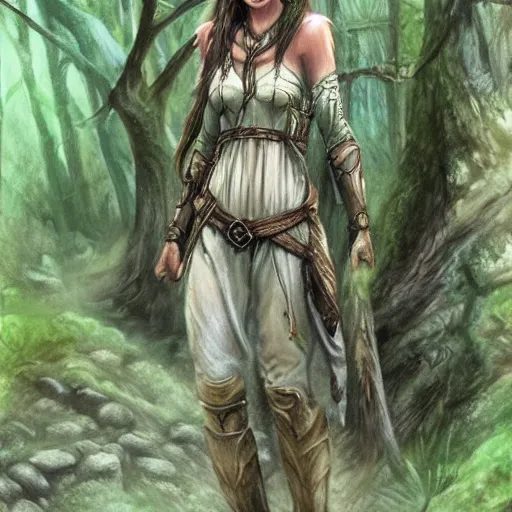 Prompt: A young elven female druid traveling trough the forest + concept art + detailed character portrait + James Gurney