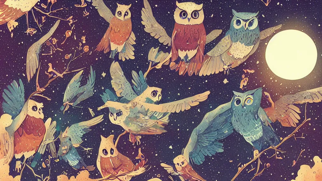 Image similar to very detailed, ilya kuvshinov, mcbess, rutkowski, watercolor illustration of owls flying at night, colorful, deep shadows, astrophotography, highly detailed