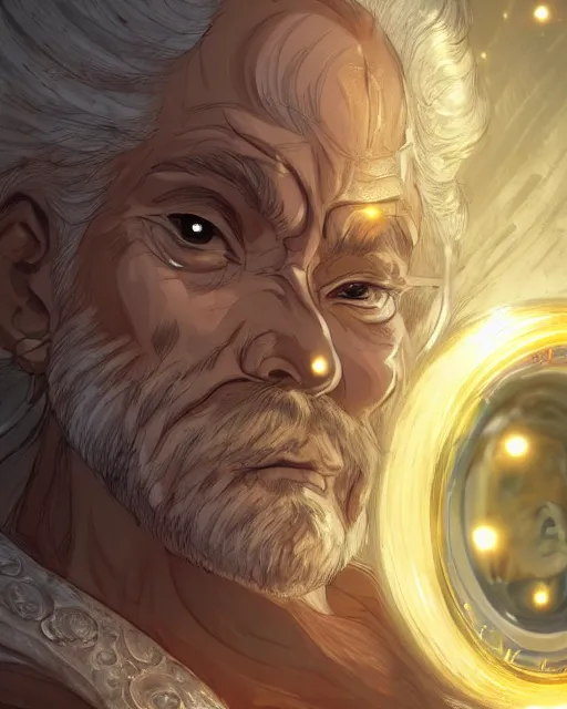 Image similar to An old man looking into a golden mirror, close-up, fantasy art, male art, in the style of masami kurumada, illustration, epic, fantasy, intricate, hyper detailed, artstation, concept art, smooth, sharp focus, ray tracing