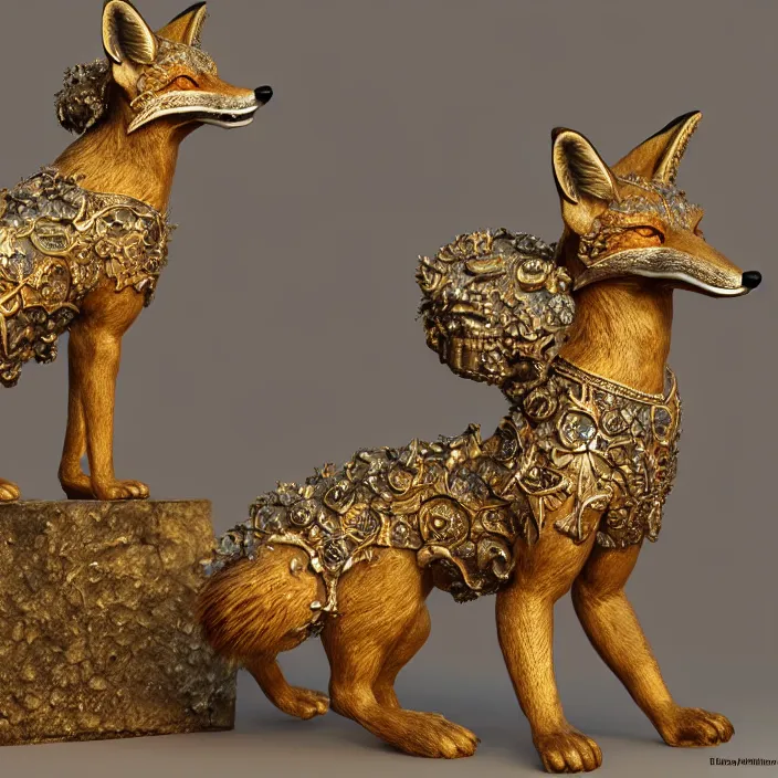 Image similar to highly detailed ancient artifact depicting a fox made of bronze and ivory and encrusted with precious jewels, beautiful patina, ethereal, esoteric, zbrush sculpt, octane render, intricate, ornate, cinematic lighting, hyperrealistic