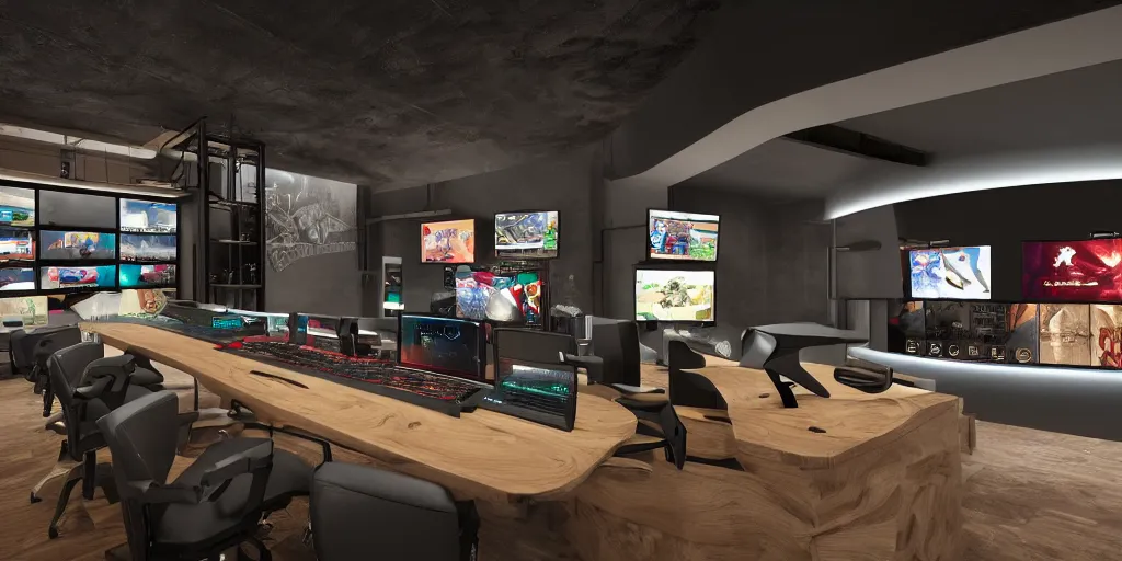 Prompt: A gaming room designed by Starbucks, shows in detail gaming peripherals, Gaming PC, gaming table, speakers, gaming monitors. wide angle, dramatic lighting, Octane Render, Realistic