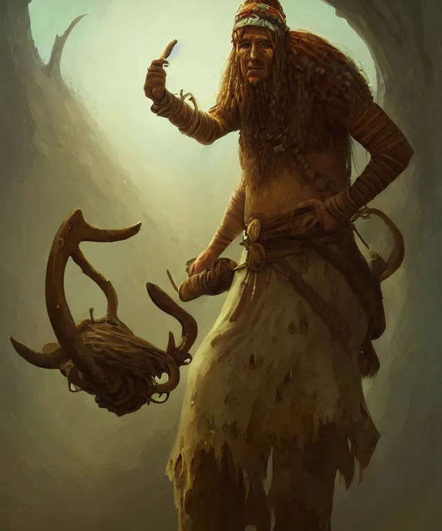 Prompt: Neolithic shaman wearing Oculus Virtual Reality set, prehistoric, realistic character concept art, full body portrait painting, DeviantArt Artstation, by Jason Felix by Steve Argyle by Tyler Jacobson by Peter Mohrbacher, cinema