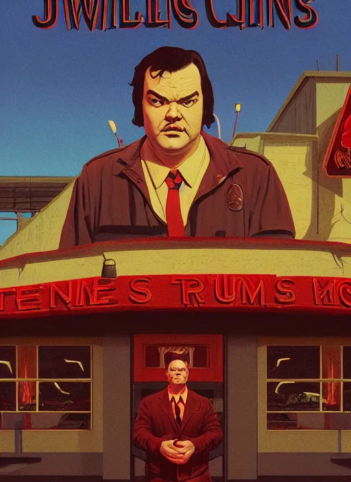 Prompt: Twin Peaks poster artwork by Michael Whelan and Tomer Hanuka, Rendering of Jack Black outside of the Roadhouse bar from scene from Twin Peaks, full of details, by Makoto Shinkai and thomas kinkade, Matte painting, trending on artstation and unreal engine