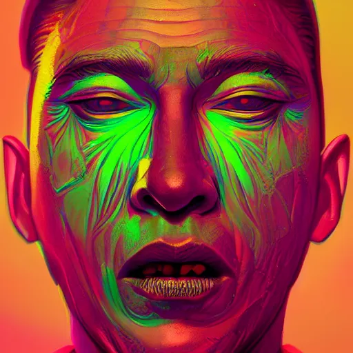 Prompt: Hyperdetailed psychedelic horror fantasy portrait of a vampire by Beeple, vivid color, hip hop album cover,