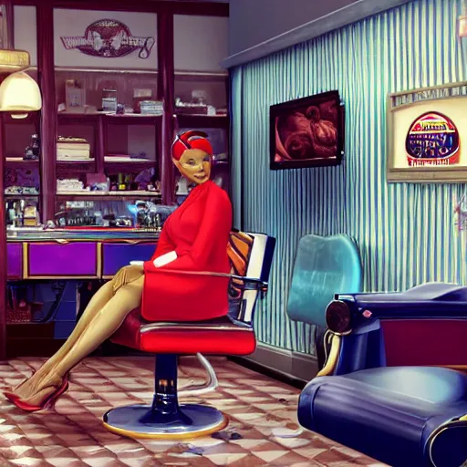 Image similar to illustration of nicki minaj sitting next to barack obama in a 6 0's vintage barbershop in queens, symmetrical, cinematic scene, brownish colors, hyper realistic, highly detailed faces, octane render, trending on artstation