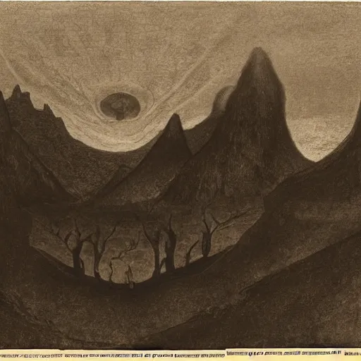 Prompt: serene, dull by ambrosius benson, by emil nolde. a illustration of a coffin being carried by six men through an ethereal, otherworldly landscape. the men are all wearing hooded cloaks. the landscape is eerie & foreboding, with jagged rocks & eerie, glowing plants.