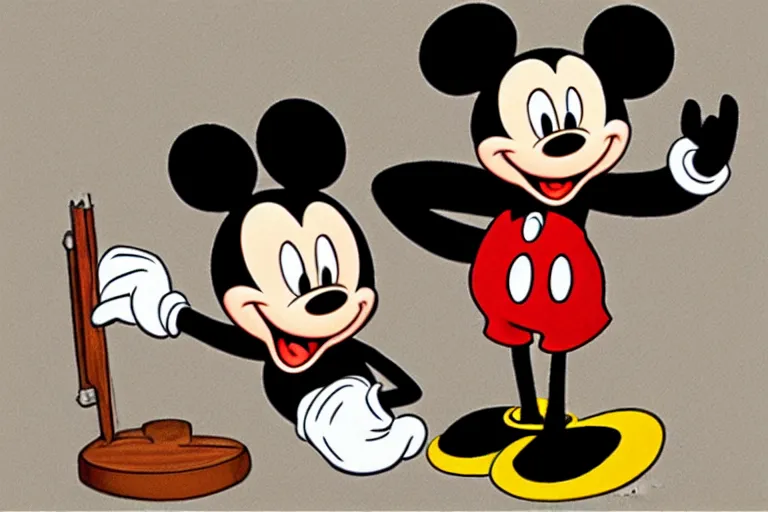 Image similar to courtroom sketch of vintage disney character mickey mouse presenting evidence of copyright infringement to the judge