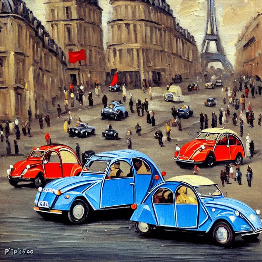 Prompt: twenty citroen 2 cv racing through paris in the 1 9 5 0 s. oil painting by pisaro