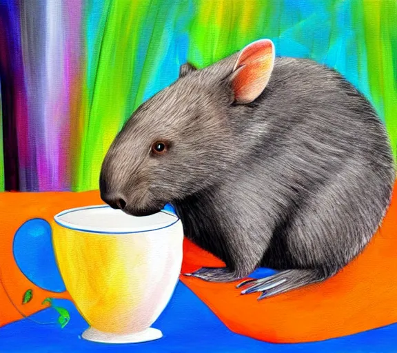 Image similar to awesome colourful digital painting of a wombat sipping a cup of tea