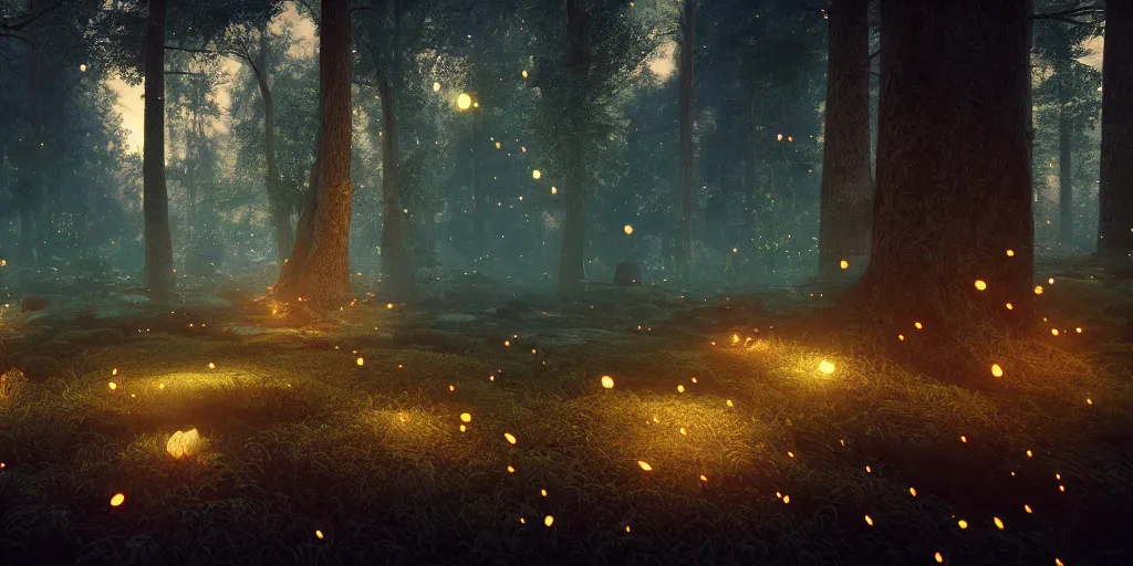 Image similar to the magical and mystical forest of vanaheim, scandinavian / norse influenced with magic mushrooms and glowing fireflies, cinematic, ray traced, octane render, cinematic lighting, ultrarealistic, featured on artstation, 8 k uhd artwork