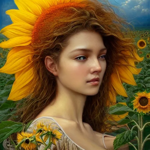 Image similar to a girl slowly walking through amazing tall sunflower field, hair flowing, early morning lightning, bad weather approaching, elegant, subtle, intricate details, real masterpiece, oil on canvas, by karol bak, ayami kojima, artgerm, smile, concept art, fantasy