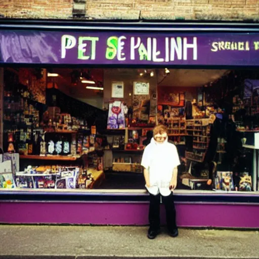 Prompt: mark e smith crouched behind a display window outside a pet shop, he is for sale