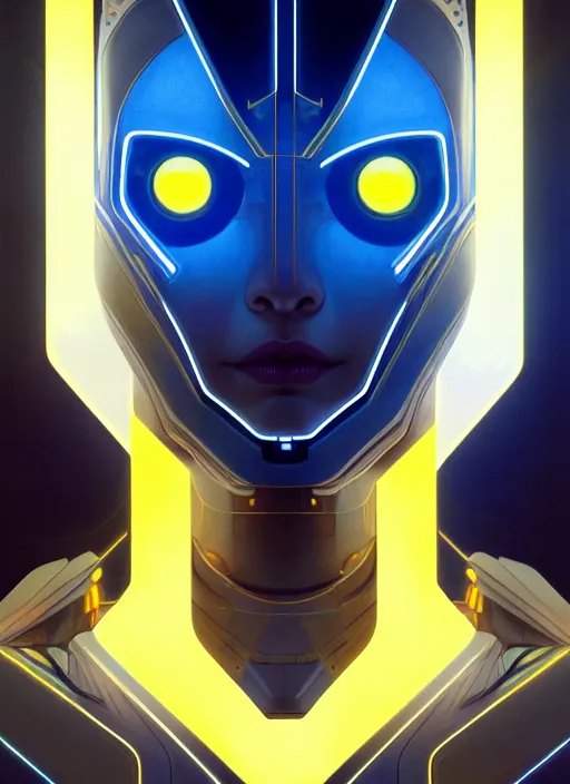 Image similar to symmetry!! portrait of robot, sci - fi, tech wear, blue and yellow glowing lights!! intricate, elegant, highly detailed, digital painting, artstation, concept art, smooth, sharp focus, illustration, art by artgerm and greg rutkowski and alphonse mucha