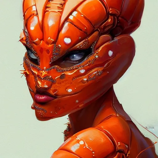 Prompt: portrait of an elegant orange queen with lobster hands, intricate, elegant, highly detailed, digital painting, artstation, concept art, smooth, sharp focus, illustration, art by artgerm and greg rutkowski and jpark