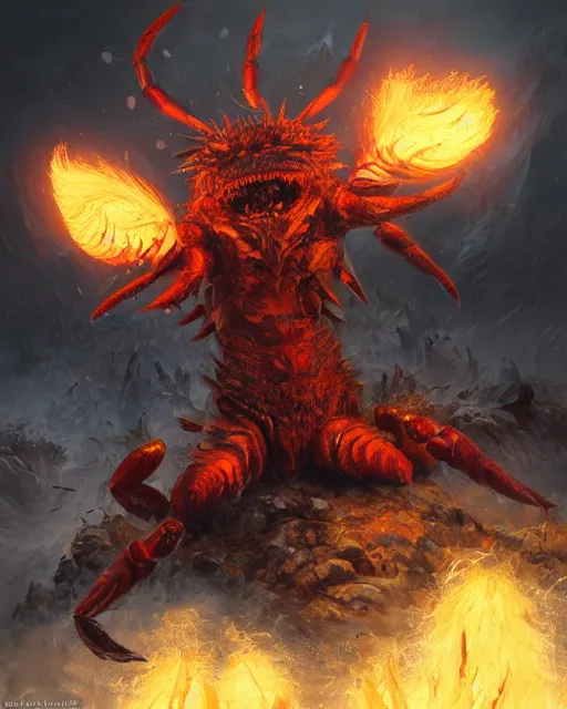 Image similar to oil painting of Angry Anthropomorphized Crab Berserker, wearing fur armor, claws, sharp focus, attack pose, fantasy style, octane render, volumetric lighting, 8k high definition, by greg rutkowski, highly detailed, trending on art Station, magic the gathering artwork, burning Battlefield background, centered