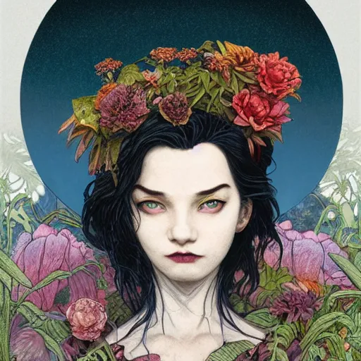 Image similar to marceline the vampire queen, exterior botanical garden, portrait face, colorful, frantisek kupka, intricate, miles johnston, kuroda seiki, cynical realism, ozabu, john william godward, painterly, yoshitaka amano, moebius, miles johnston, louise zhang, james jean, mark ryden lowbrow pop surrealism art style