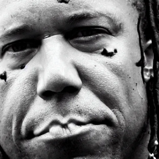 Image similar to Alex Jones appears as Lil Wayne with dreadlocks and facial tattoos, close up, high quality, photo