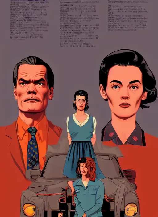 Prompt: Twin Peaks art, of Michael Shannon dressed as mechanic talking to Jennifer Connelly wearing light blue diner waitress dress, poster artwork by Tomer Hanuka, Sam Weber, Laurent Durieux, Katherine Lam from scene from Twin Peaks, from scene from Twin Peaks, clean, New Yorker magazine cover