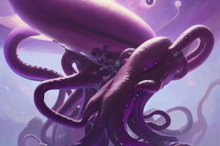 Image similar to Giant purple octopus attack in a space station, elegant, intricate, retrofuturistic digital painting, artstation, concept art, smooth, sharp focus, illustration, art by artgerm and greg rutkowski and alphonse mucha