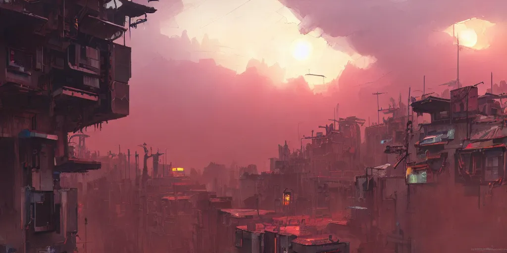 Image similar to Ian McQue Lee painting of a cyberpunk African favela, hazy sunset with dramatic clouds, asymmetrical, trending on Artstation, High quality image