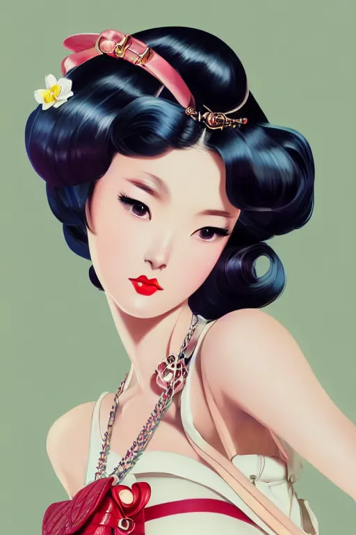 Image similar to a vintage pin up and beautiful fashion dreamlke japan girl with lv jewelry, character art, art by artgerm and wlop and and ilya kuvshinov, hyperdetailed, 8 k realistic, symmetrical,, frostbite 3 engine, cryengine, dof, trending on artstation, digital art, chanel, dior, fantasy background