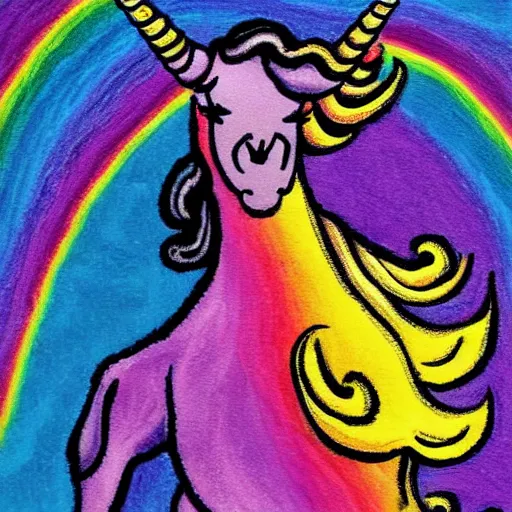 Image similar to a unicorn walking on a rainbow in the style of Caravaggio