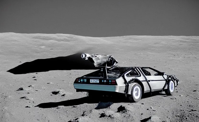 Image similar to a delorean on the moon taken from a super 8 camera, realistic, photoreal, 8 0 s